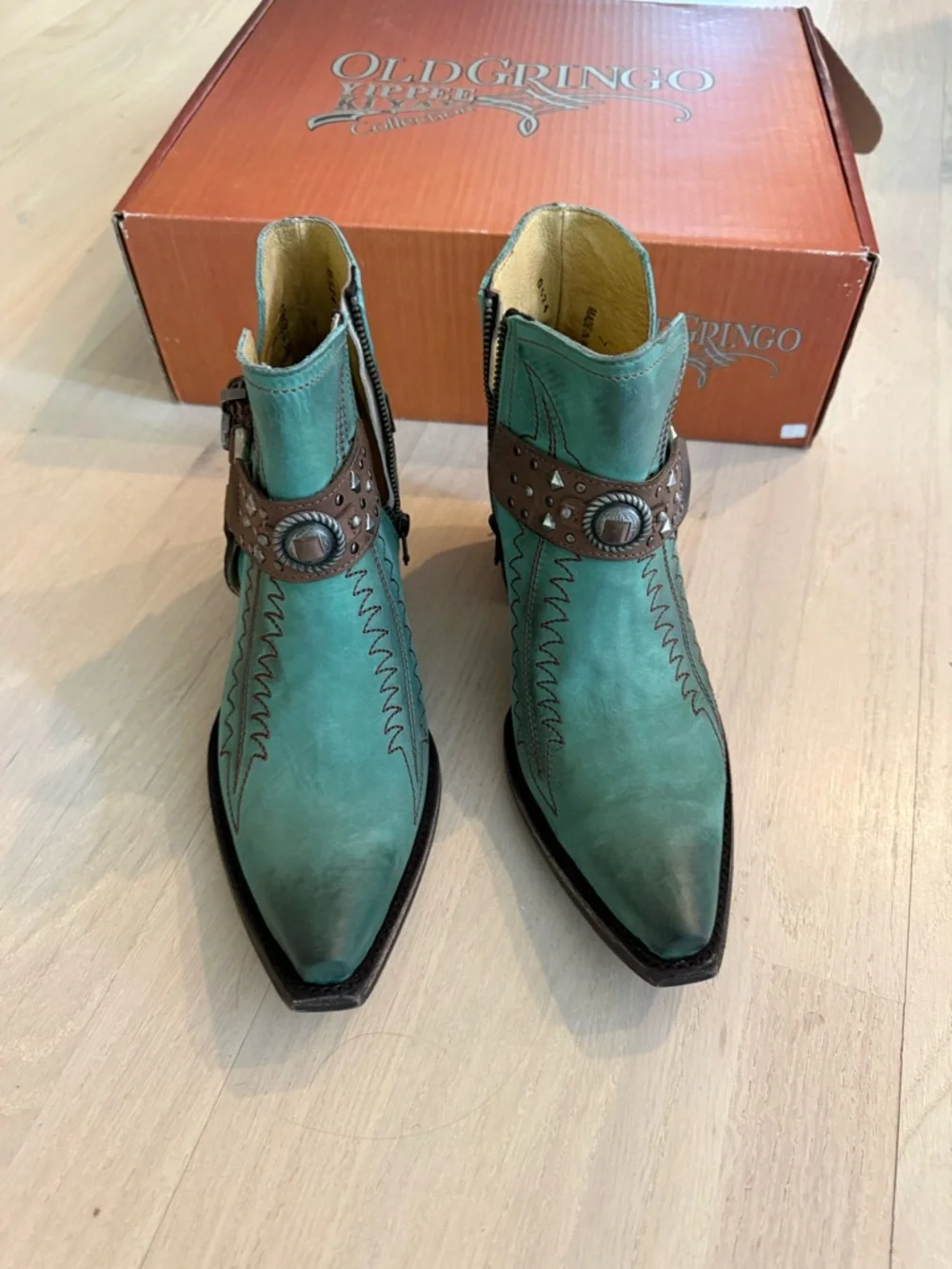 Old Gringo Turquoise and Brown Western Ankle Boots - Picture 2 of 6